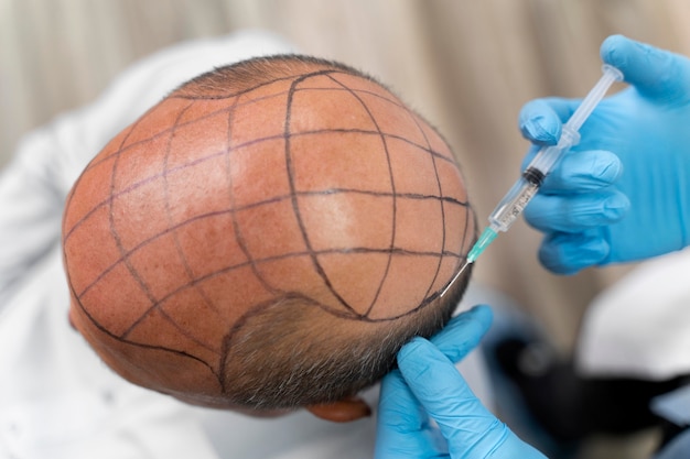 Bold man going through a follicular unit extraction process