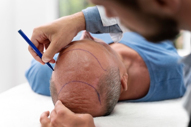 Free photo bold man going through a follicular unit extraction process