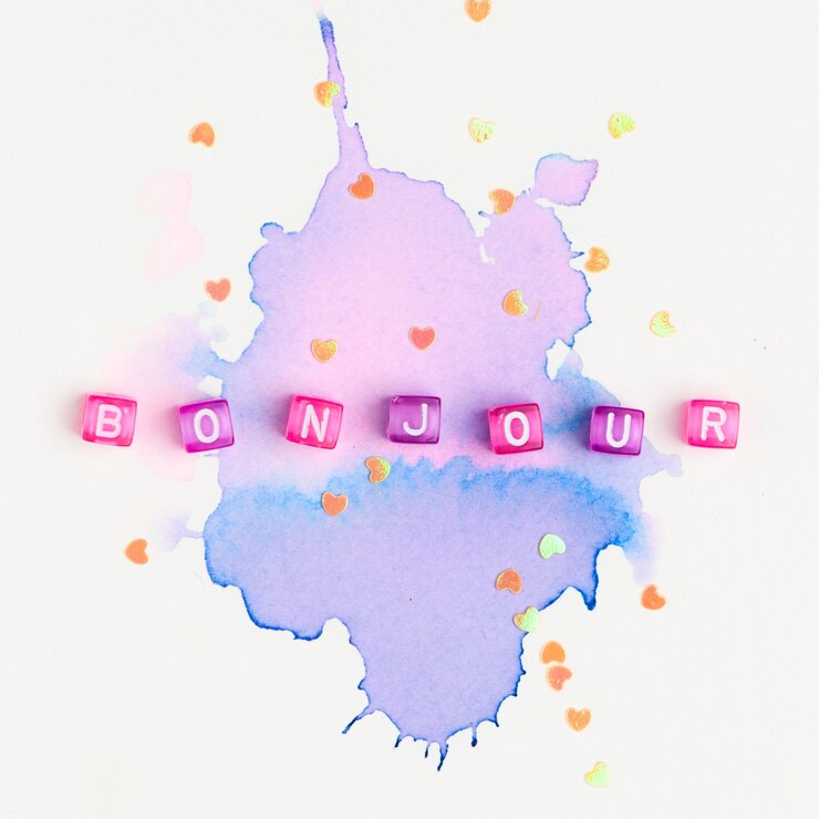 무료 Photo 보라색 수채화에 bonjour 구슬 단어 타이포그래피
