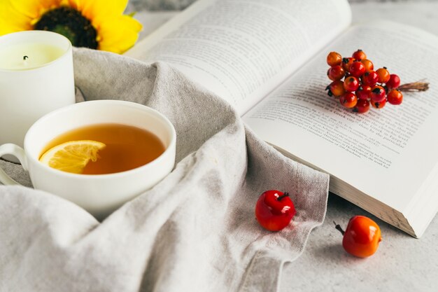 Book and cup with lemon tea in composition