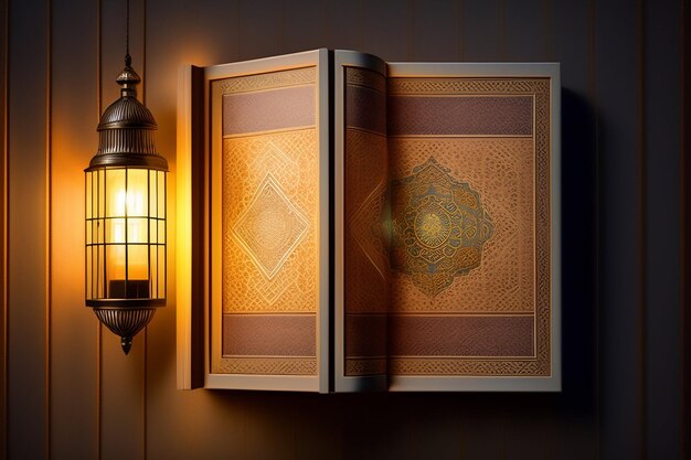 A book is open to a lamp that is lit up.