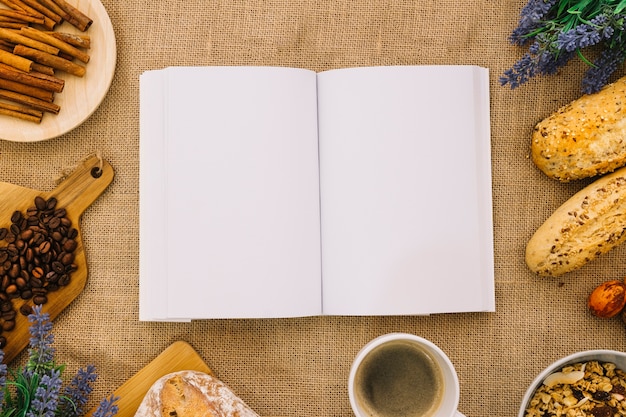 Book mockup with breakfast decoration