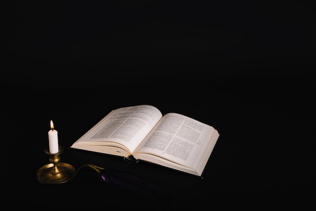 Книга с заклинаниями и горящей свечой рядом