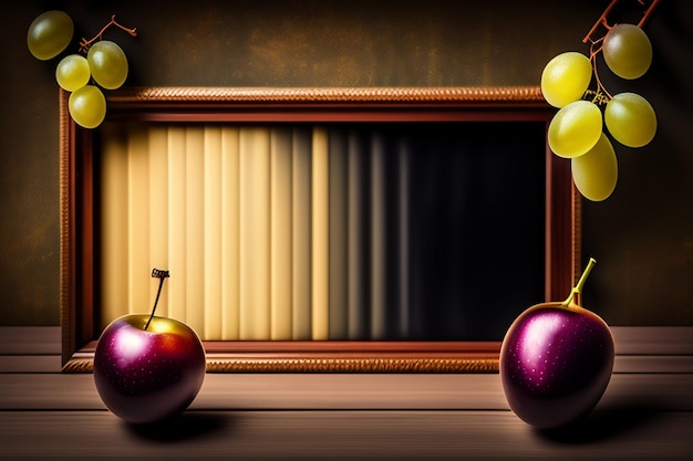 A bookcase with grapes and a book on it