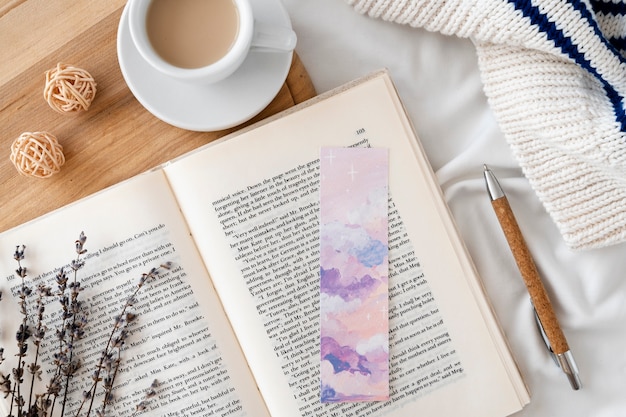 Bookmark and book arrangement above view