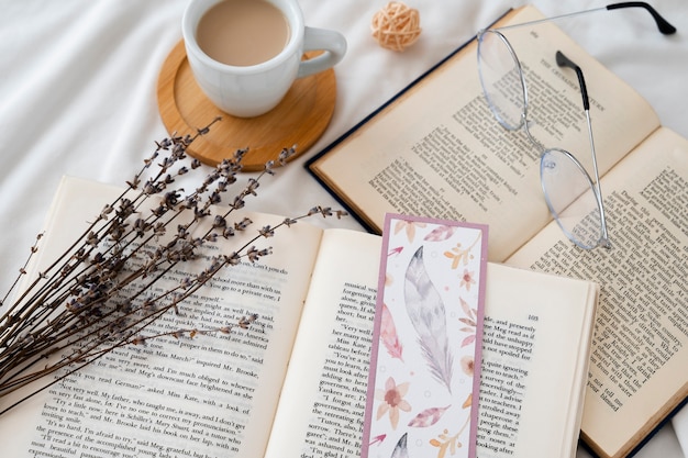 Bookmark and books arrangement flat lay