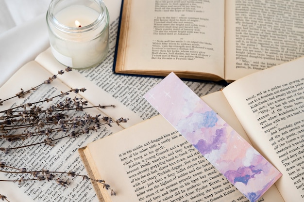 Bookmark and books assortment flat lay
