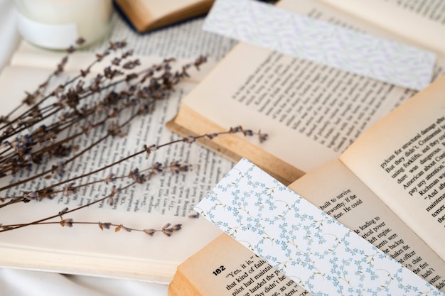 Free photo bookmark and books assortment high angle