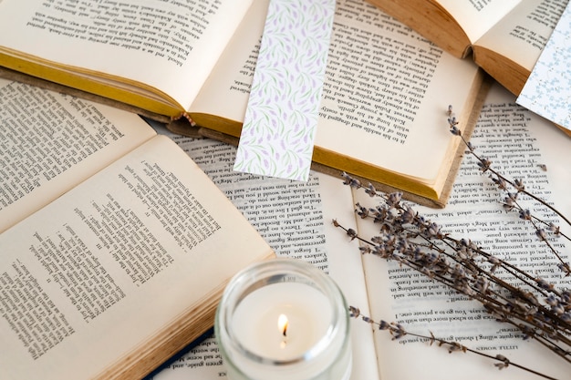 Bookmark and books assortment top view