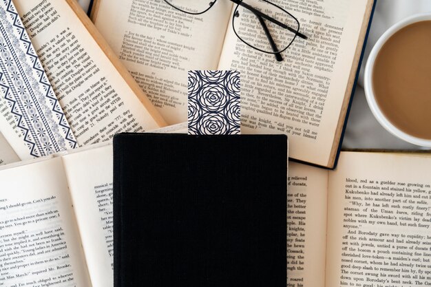 Bookmark and coffee cup assortment above view