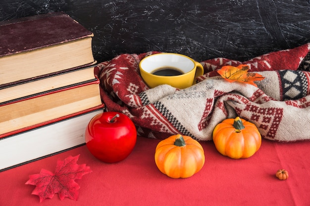 Books and artificial fruits near blanket and beverage