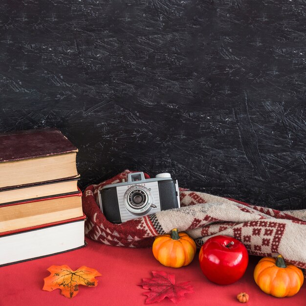 Books and fake fruits near blanket and camera