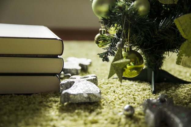 Books near Christmas tree