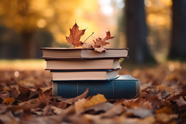 秋の森の葉の上に置かれた本