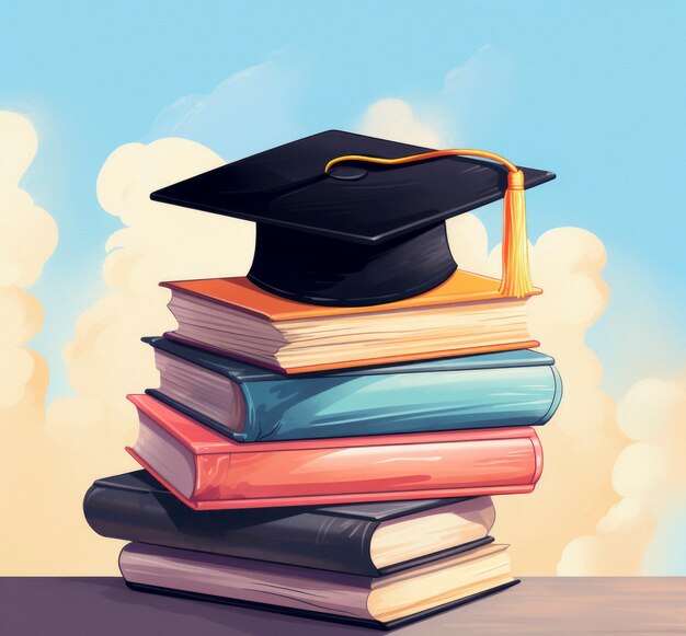 Books with graduation cap in digital art style for education day