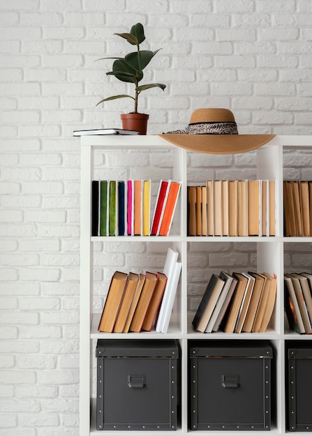 Bookshelf with plant and hat