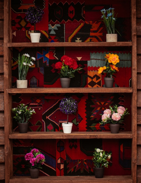 Free photo a bookshelf with pots of mixed natural flowers