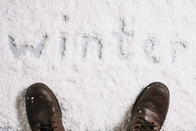 雪の表面の冬のタイトルの近くのブーツ