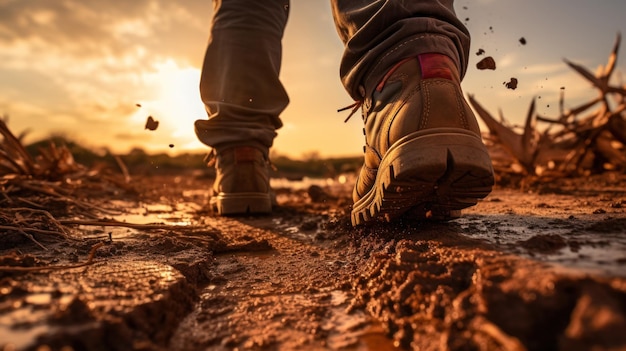 Boots tread on rustic trail dust stirred at sunset