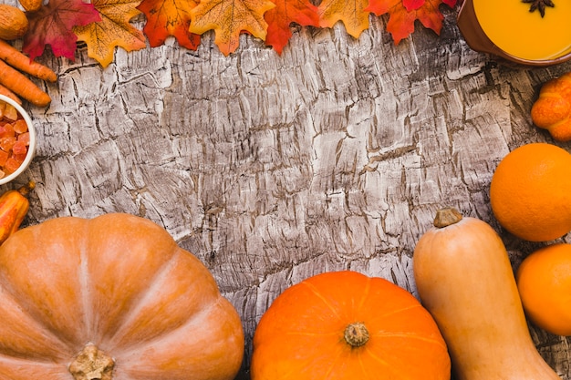 Border from leaves and autumn food