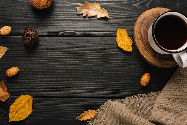 Border from mug and autumn symbols