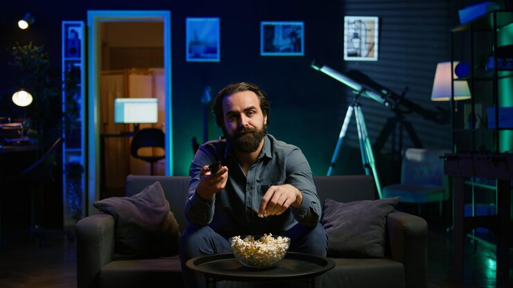 Free Photo bored man eating popcorn and zapping through tv channels in rgb lit living room