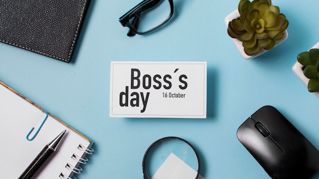 Boss's day assortment on blue background