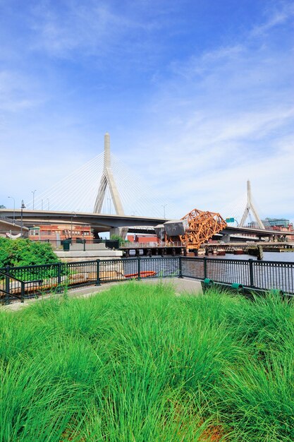 Boston Leonard P. Zakim Bunker Hill Memorial Bridge with blue sky in park as the famous land mark.