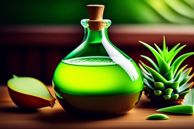 A bottle of aloe vera on a table with a green bottle of aloe vera.