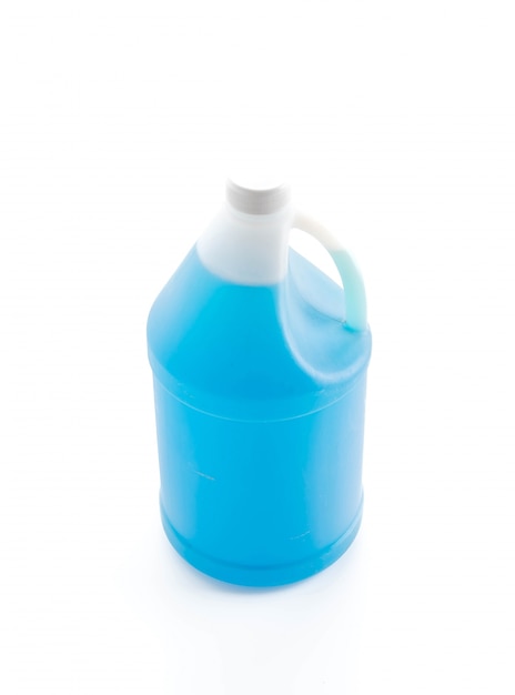 Bottle of blue cleaning detergent