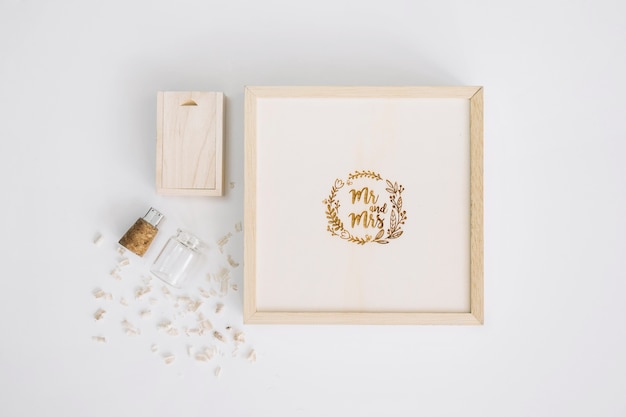 bottle and box near frame