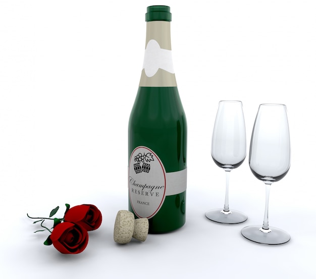 Foto gratuita champagne con rose rosse e bicchieri