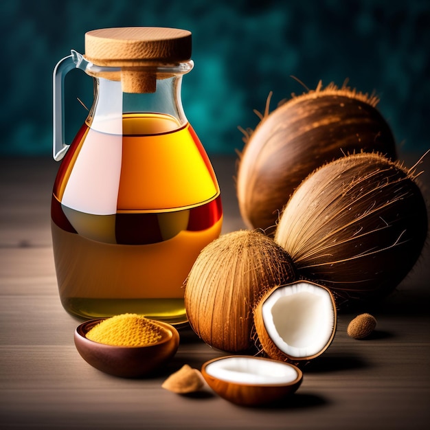 A bottle of coconut oil next to a coconut and some coconuts.