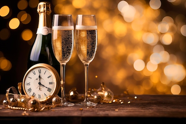 Foto gratuita bottiglia e bicchieri di champagne su fondo lucido e oro