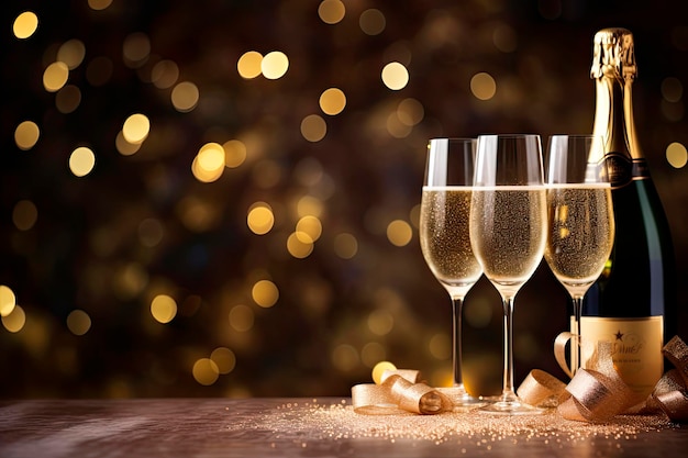 光沢のある金色の背景にシャンパンのボトルとグラス