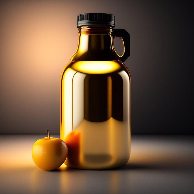 A bottle of juice with a fruit next to it.