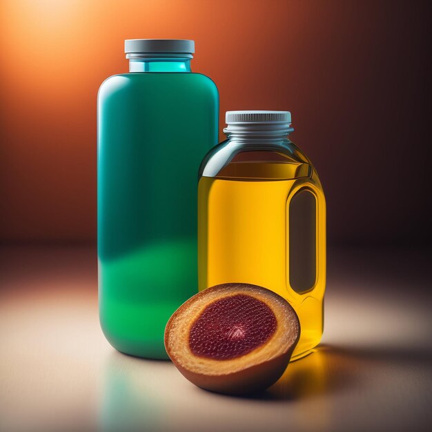 A bottle of liquid next to a jar of oil and a jar of oil.