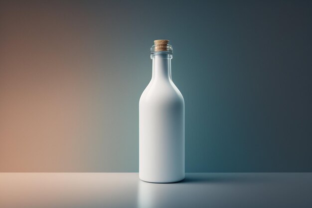 A bottle of milk with a wooden cap sits on a table.