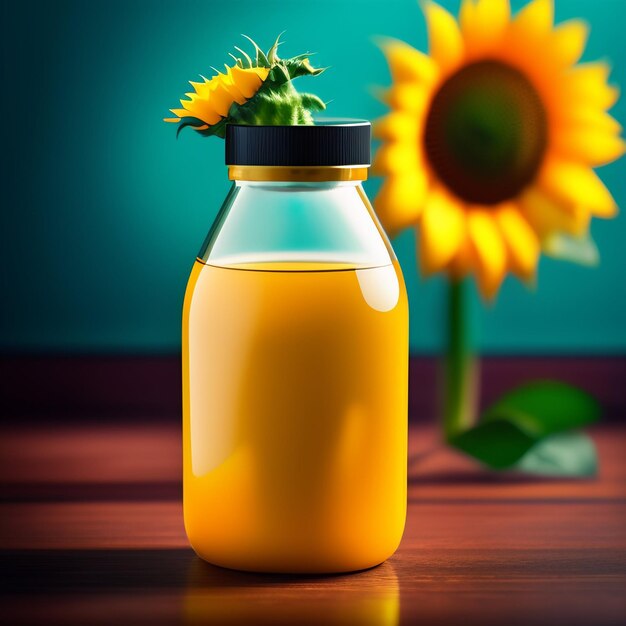 A bottle of orange juice with a sunflower in the background.