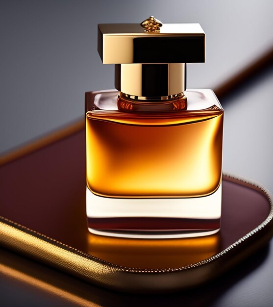 A bottle of perfume is on a tablet with a leather case.