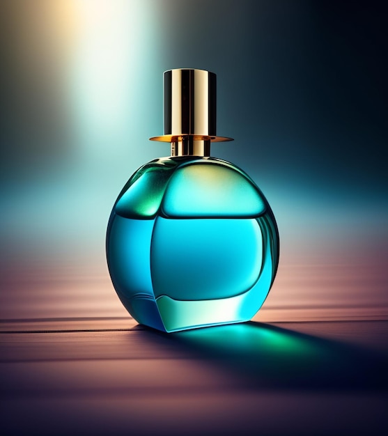 A bottle of perfume with a blue top that says perfume