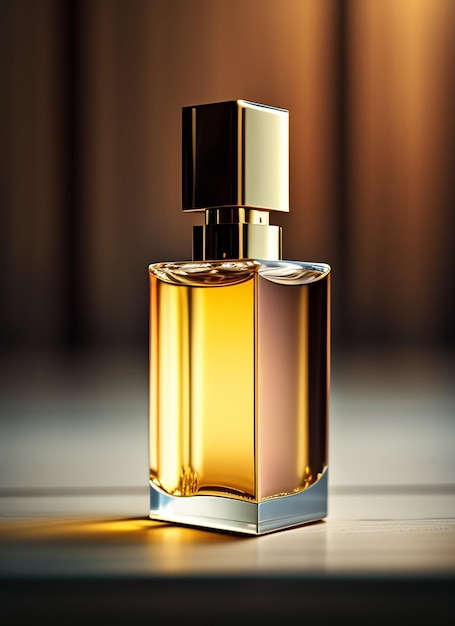 A bottle of perfume with a gold cap on the front.