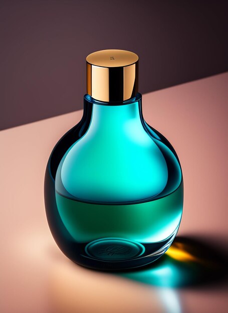 A bottle of perfume with a gold cap on the side.
