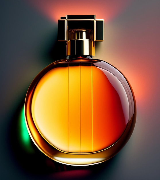 Free photo a bottle of perfume with a green and orange light behind it.