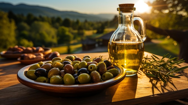 Foto gratuita bottiglia di olio puro e un piatto con olive sulla tavola sullo sfondo di un uliveto