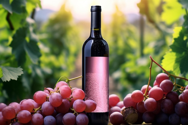 Foto gratuita una bottiglia di vino rosso con uva fresca