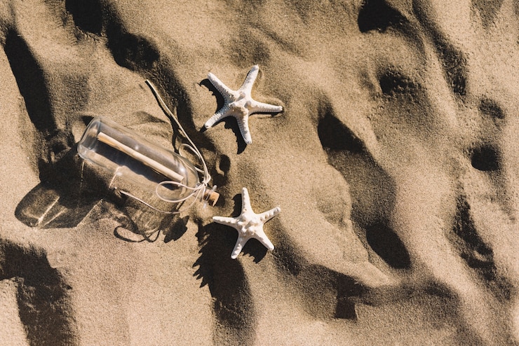 Free Photo bottle and starfishes on the sand