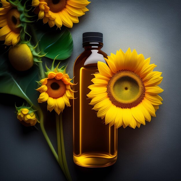 A bottle of sunflowers next to a bunch of flowers.