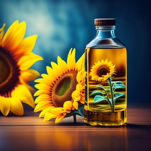 A bottle of sunflowers is next to a bottle of sunflower oil.