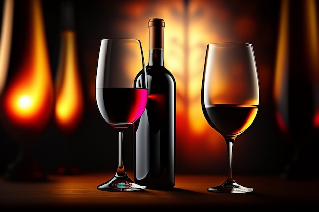 ワイン1本とグラス2杯がテーブルの上に置かれている。